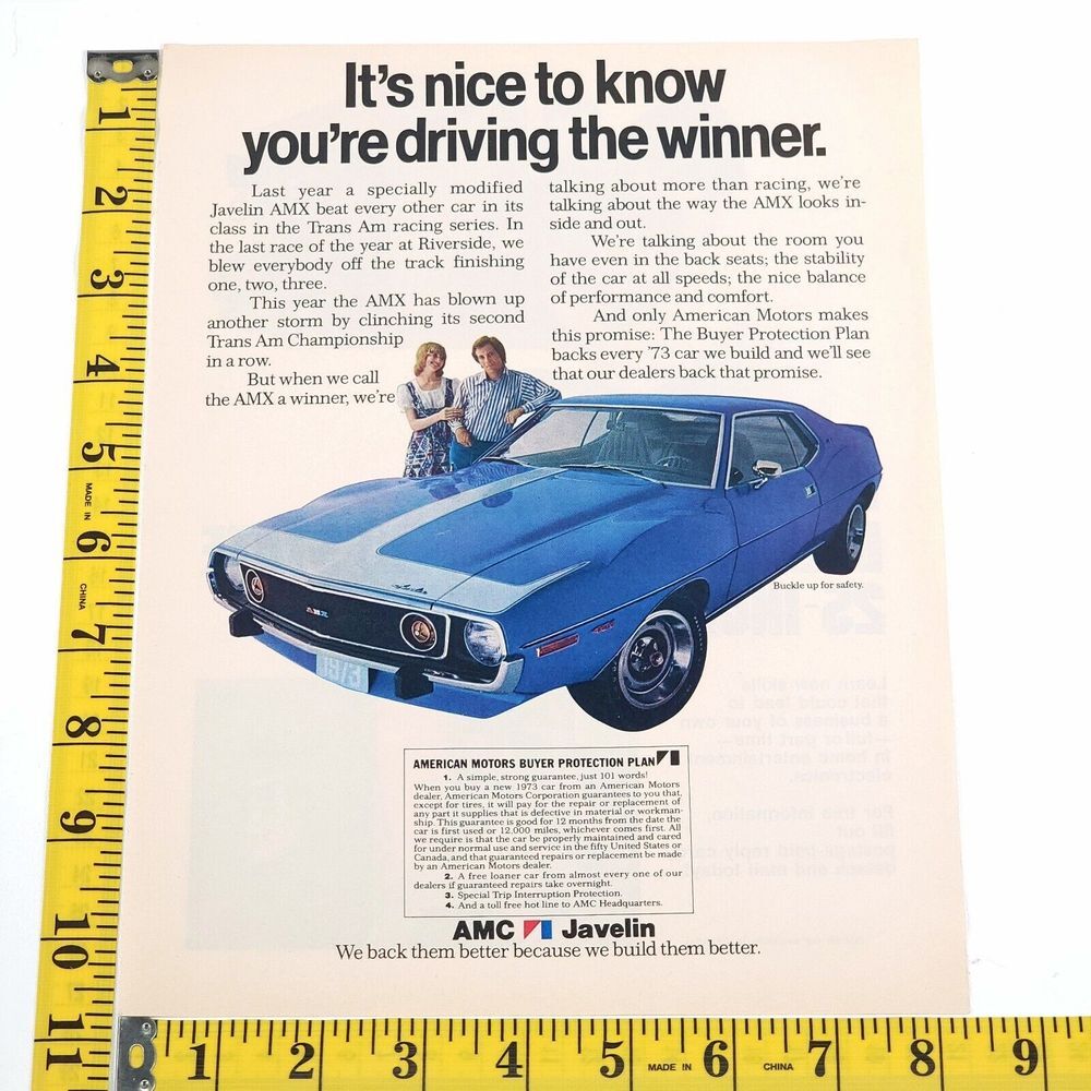 Vintage '73 AMC Javelin Trans-Am Full-Color Print Ad Nov 1972 Car Craft Magazine